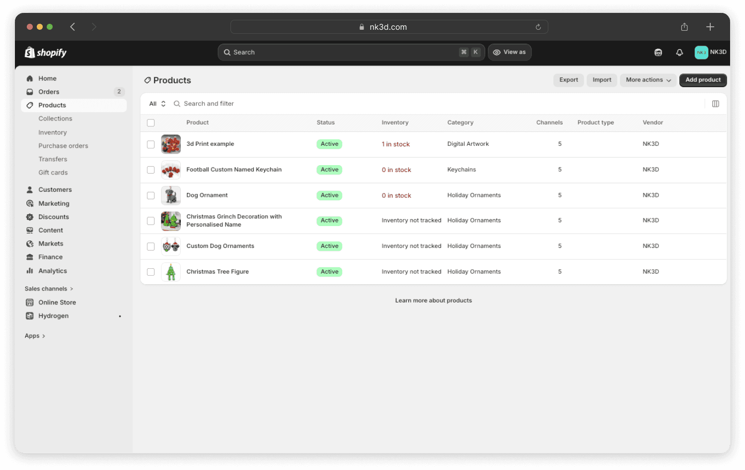 NK3D Shopify admin dashboard