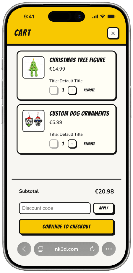 NK3D cart page on mobile